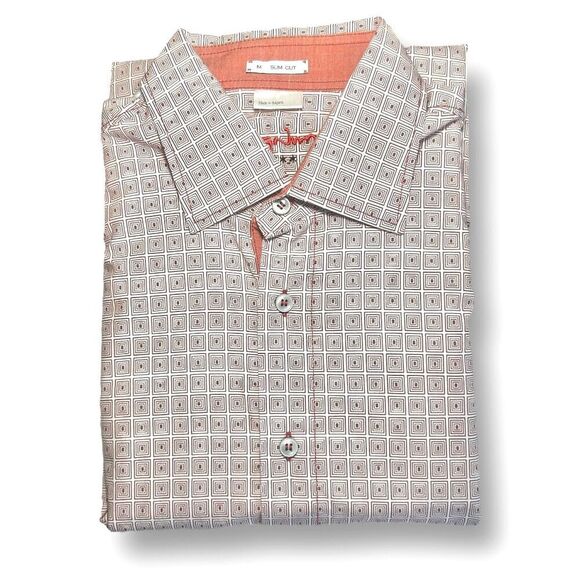 Signum M Slim Fit Button Up Shirt Geometric Print Retro Mod Casual Dressy - Picture 1 of 8